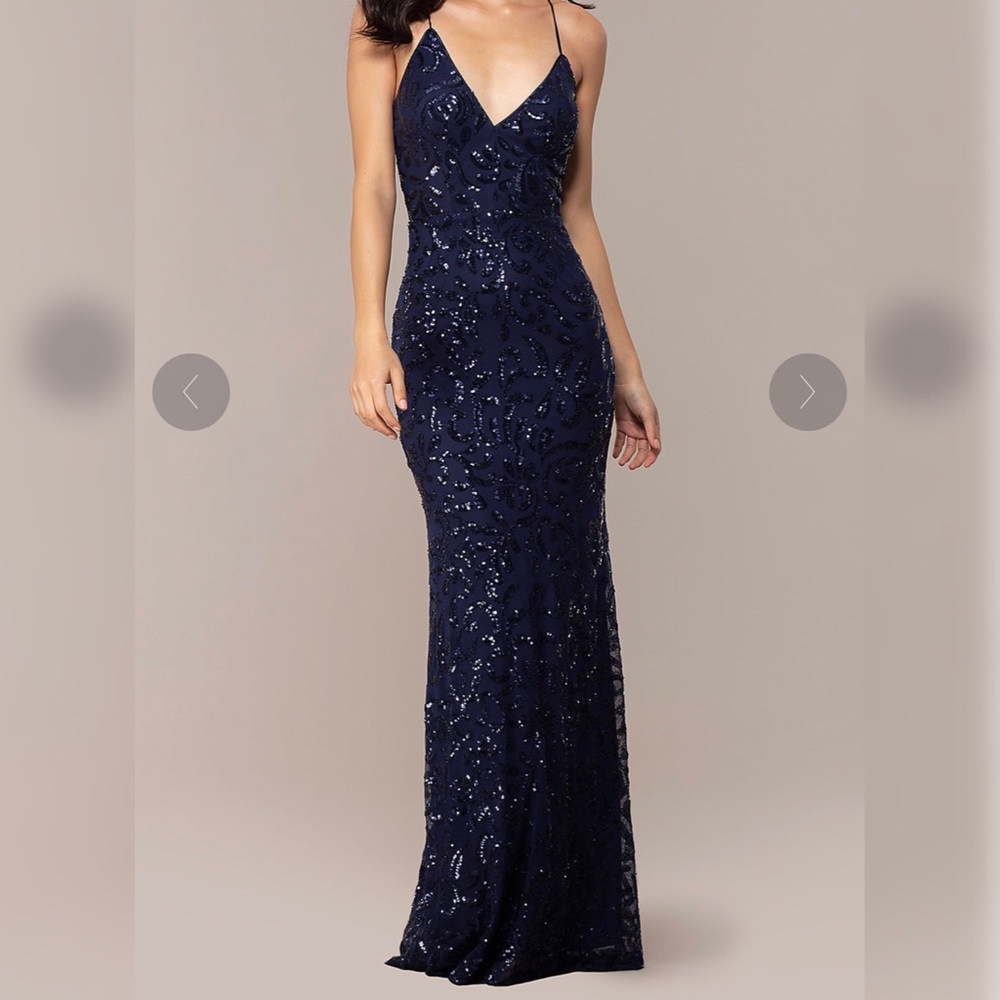 Long Dark Blue Sequin Formal Dress